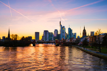 Poster - Skyline of Frankfurt, Germany in the sunset with famous illuminated skyscrapers