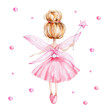 Leinwandbild Motiv Cute cartoon fairy with magic wand and wings; watercolor hand draw illustration; with white isolated background
