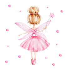 Cute Cartoon Fairy With Magic Wand And Wings; Watercolor Hand Draw Illustration; With White Isolated Background