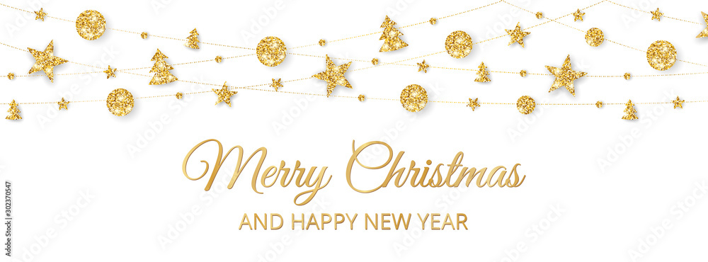 Merry Christmas banner with gold decoration on white background - obrazy, fototapety, plakaty 