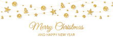 Merry Christmas Banner With Gold Decoration On White Background