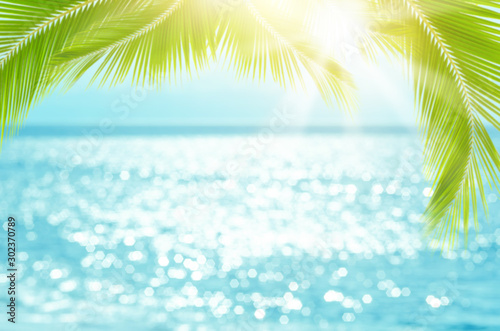 Blur beautiful nature green palm leaf on tropical beach with bokeh sun light ...