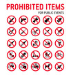 Prohibition signs collection security control in stadium during mass events.