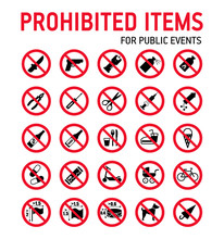 Prohibition Signs Collection Security Control In Stadium During Mass Events.
