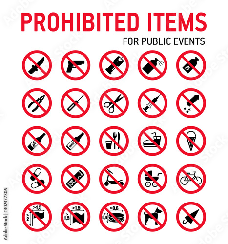 Fotografía Prohibition signs collection security control in stadium during mass events