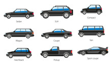 Vehicle Body Types, Car Carcass Shape And Model Names Isolated Icons