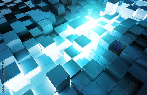 Glowing black and blue squares background pattern 3D rendering