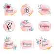 Set of feminine badge with peach watercolor background, flowers, and gold glitter. Beautiful logo for branding and wedding card composition design concept