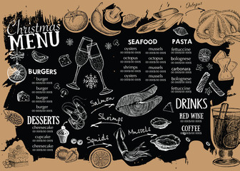 Wall Mural - Christmas menu template. Happy New Year party. Hand drawn illustration	