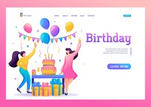 Birthday Party With Friends. People Carry Gifts, Balloons, A Large Cake With Candles, Dance And Celebrate The Holiday. Flat 2D Character. Landing Page Concepts And Web Design