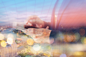 Poster - Business Technology Telecommunication and Communication 5G Network Connection Concept, Double Exposure of Businesswoman Using Mobile Phone With Graphic Media Screen and Cityscape Skyscrapers.