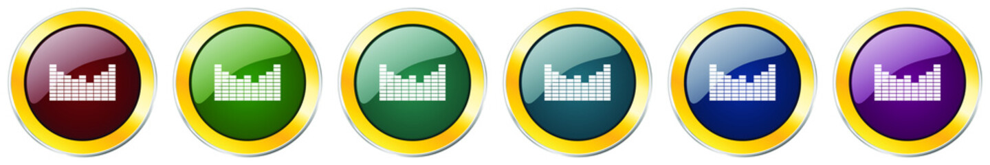 Aufkleber - Sound glossy icon set, silver metallic golden vector illustrations in 6 options for web design and mobile applications