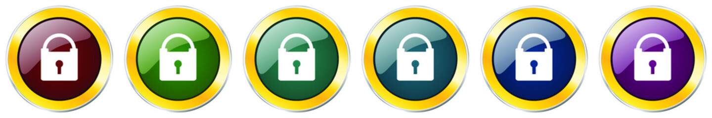 Aufkleber - Padlock glossy icon set, silver metallic golden vector illustrations in 6 options for web design and mobile applications