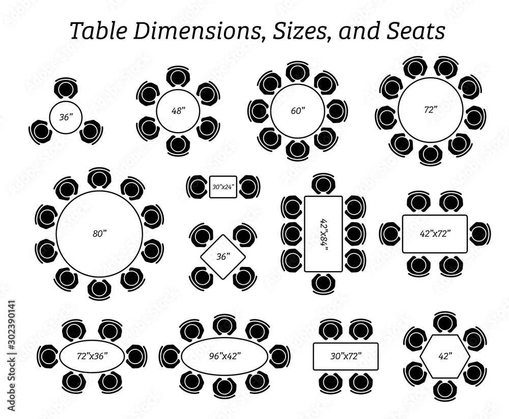 Round, oval, and rectangular table dimensions, sizes, and seating. Pictogram icons depict the top view and number of seating in different type of table design and sizes. - obrazy, fototapety, plakaty 
