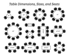 Round, Oval, And Rectangular Table Dimensions, Sizes, And Seating. Pictogram Icons Depict The Top View And Number Of Seating In Different Type Of Table Design And Sizes.