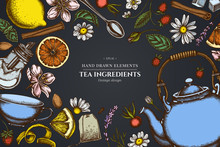 Floral Design On Dark Background With Cinnamon, Lemons, Oranges, Tea Bag, Sugar Cubes, Heather, Chamomile, Dog Rose, Peppermint, Almond, Strawberry, Teaspoon, Teapots, Cups, Sugar Bowl