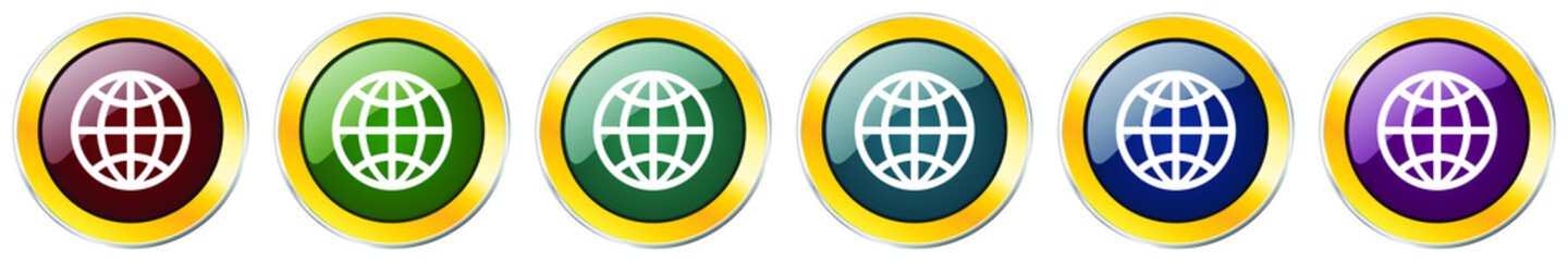 Leinwandbilder - Globe glossy icon set, silver metallic golden vector illustrations in 6 options for web design and mobile applications