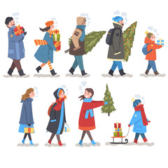 Sticker - People in Winter Clothing Carrying Gift Boxes and Fir Trees Set, Men, Women and Children Preparing for Christmas and New Year Vector Illustration