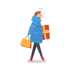 Wall Mural - Smiling Girl in Winter Clothing Walking with Gift Box and Shopping Bag, Girl Doing Christmas Shopping to Prepare for Christmas and Giving Presents, Festive Mood Vector Illustration