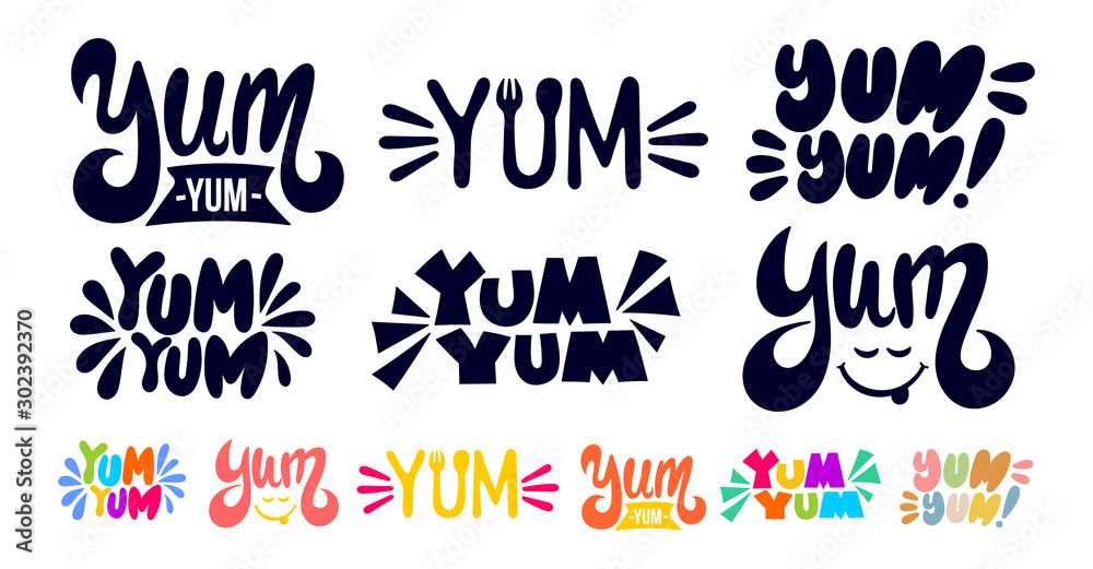 Big set of Yum Yum Black and white, colorful text. Only one single