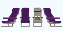 Airplane Seat In Various Points Of View. Armchair Or Stool In Front View, Rear View, Side View. Furniture Icon For Plane Transport Interior Design  In Flat Style. Vector Illustration.