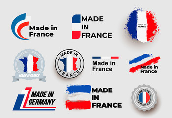 Poster - Made in France logo. Set of design France flag in map quality label icon. Vector illustration. Isolated on white background.