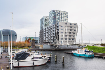 Wall Mural - View of modern architecture, port and downtown district of Almere city, Netherlands