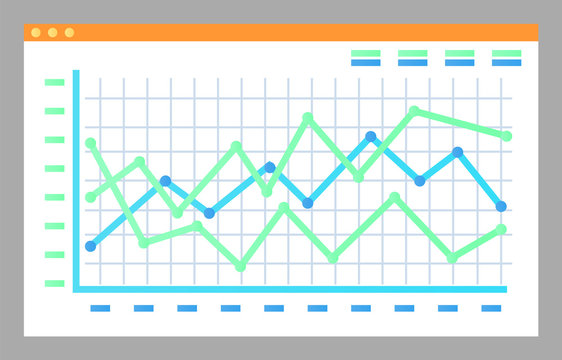 Screen with graphs and diagrams vector isolated page. Crowdfunding information on display, growth and fall of financial statistics, monitoring of rates