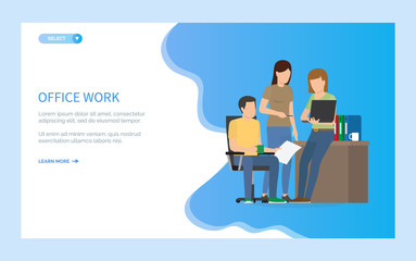 Poster - Office work online, teamwork of people, employees with laptop and paper, portrait view of people with computer and document making report vector. Website or webpage template, landing page flat style