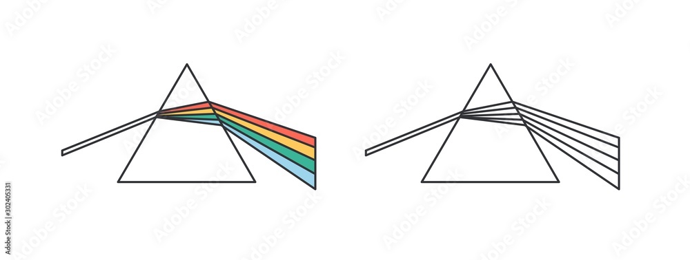 Light dispersion and refraction effect linear vector icon. Dispersive prism, glass pyramid, triangular crystal outline illustration. Scientific experiment, physics, optics symbol isolated on white. - obrazy, fototapety, plakaty 