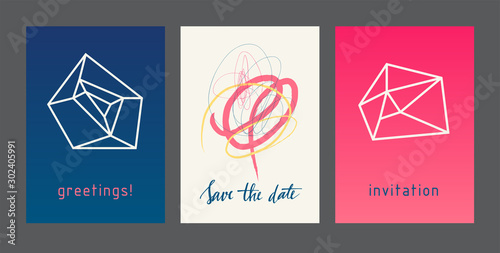 Set of creative universal geometric cards. Designs for prints, wedding, anniv...