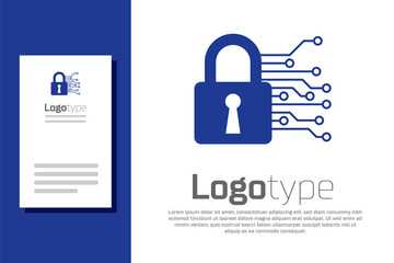 Blue Cyber security icon isolated on white background. Closed padlock on digital circuit board. Safety concept. Digital data protection. Logo design template element. Vector Illustration