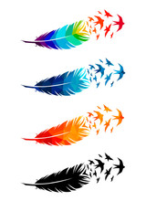 Print Art Concept Colorful Design Tattoo Black Feather Flying Birds Swallows Silhouette. Vector Illustration Fly Magical Pen Writer Writing