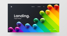 Creative Horizontal Website Screen Part For Responsive Web Design Project Development. 3D Colorful Balls Geometric Banner Layout Mock Up. Corporate Landing Page Block Vector Illustration Template.