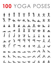 Big Yoga Poses Asanas Icons Set. All Asanas. 100 Poses. Vector Illustrations. For Logo Yoga Branding. Yoga People Infographics. Stick Figures. Pilates Stretch Gymnastics Fitness Poses