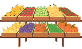 Fototapeta Dinusie - Interior of store, mall, shopping center, with grocery counters, with fresh fruit and vegetables. Store food products, shopping mall, counter with foods. Vector illustration.