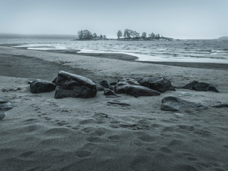 Wall Mural - Nordic beach on a cloudy day. Island with pine trees in the background