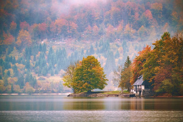 Sticker - Beautiful autumn scenery at lake Bohinj