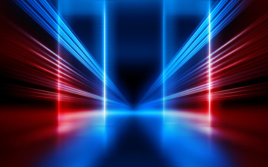 Poster - Empty show scene background. Reflection of a dark street on wet asphalt. Rays of red and blue neon light in the dark, neon shapes, smoke. Abstract dark background.