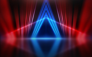Poster - Empty show scene background. Reflection of a dark street on wet asphalt. Rays of red and blue neon light in the dark, neon shapes, smoke. Abstract dark background.