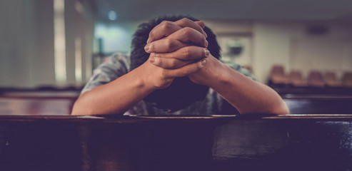 close up prayer's hand pray in church, pastor pray to god, with blank copy space