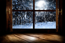 Winter Window Background And Free Space For Your Decoration.Christmas Time. 