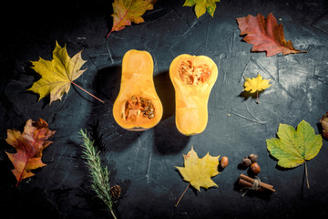 Dried leaves, pumpkins on dark background. Concept of autumn harvest, happy Thanksgiving day or Halloween