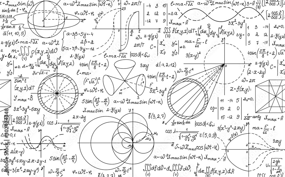 Mathematical vector seamless background with handwritten algebra and geometry formulas on a white paper - obrazy, fototapety, plakaty 