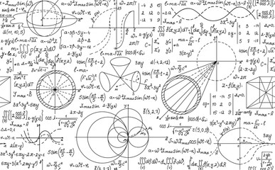 Mathematical vector seamless background with handwritten algebra and geometry formulas on a white paper