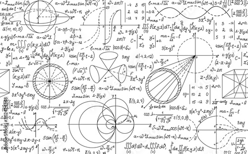 Cuadros en Lienzo Mathematical vector seamless background with handwritten algebra and geometry fo