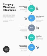 Wall Mural - Simple business infographic for company milestones timeline with colorful circles and line icons. Easy to use for your website or presentation.