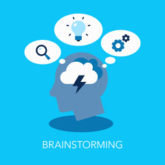 Poster - Brainstorming flat symbol with head as a main symbol and thinking bubbles. Easy to use for your website or presentation.