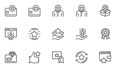 Loyalty program vector line icons set. Bonus card, gift card, customer satisfaction. Editable stroke. 48x48 Pixel Perfect.