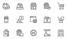 Simple Set Of Shopping And Market Related Vector Line Icons. Contains Such Icons As Store Statistics, Product Promotion, Buyer And More. Editable Stroke. 48x48 Pixel Perfect.